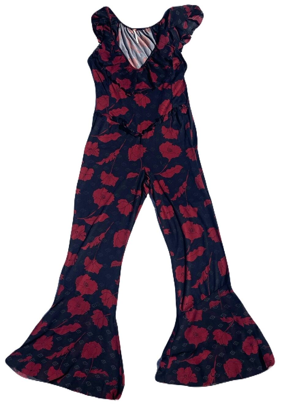 Free People Austyn Red Floral Black Goth Boho Bell Bottom Ruffle Jumpsuit Med